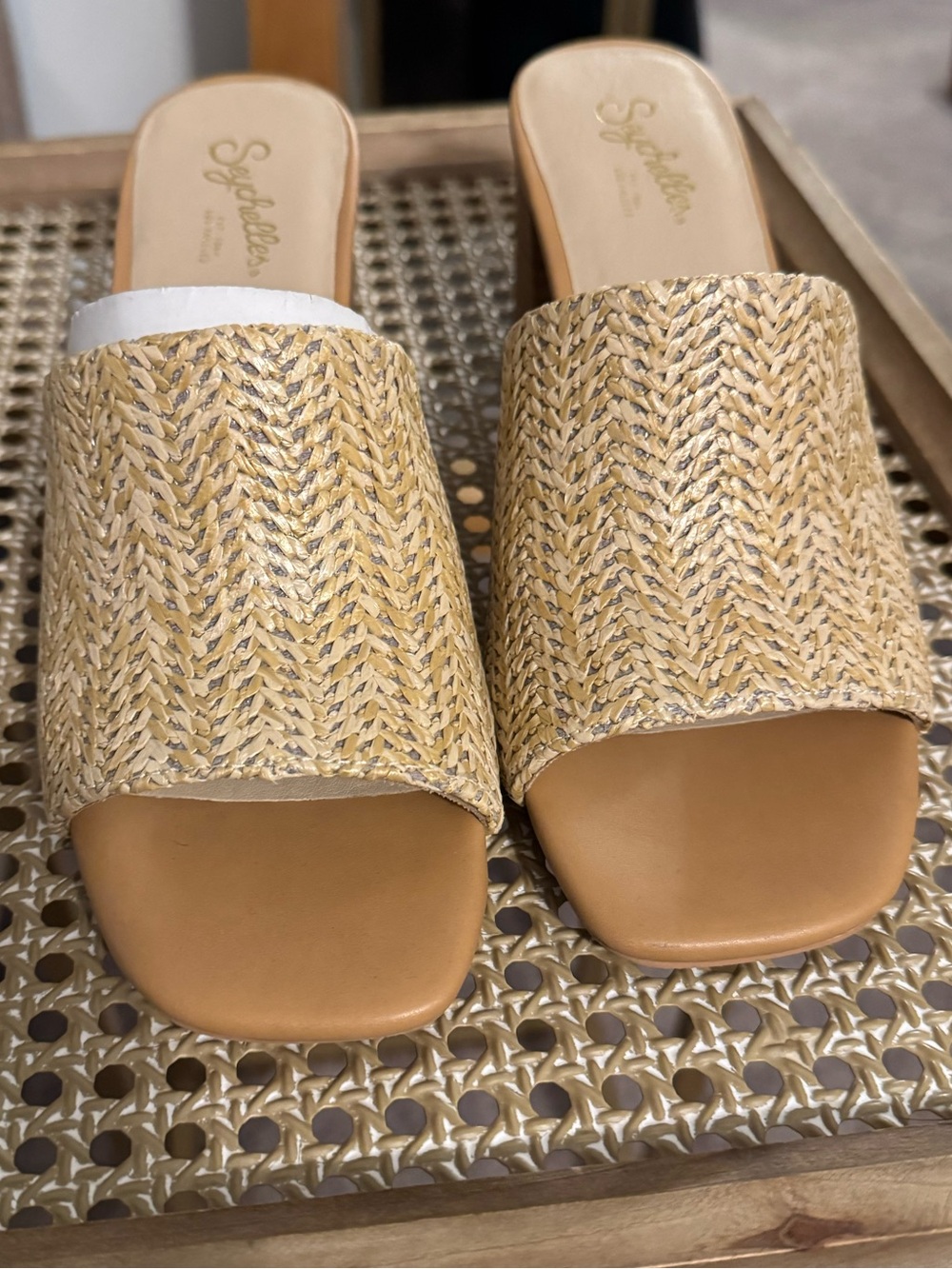 Seychelles Woven Raffia Slide Sandals in Tan and Cream